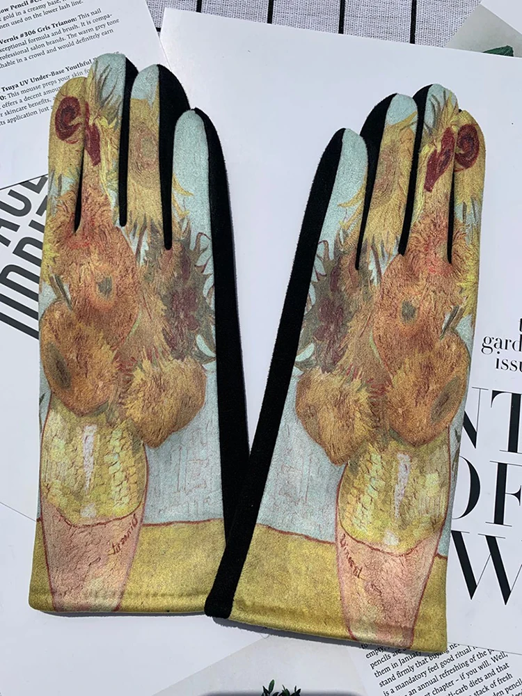 Women Fashion Touch Screen Gloves Retro Oil Painting Floral Evening Dress Party Winter Thickened Warm Fleece Driving Mittens