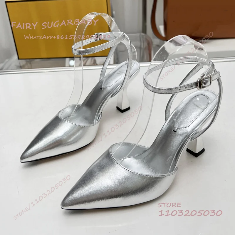 Gold Patent Leather Stiletto Sandal Women Simple Fashion Pointed Buckle Kitte Heel White Leather Silver Cover Bling Concise Shoe