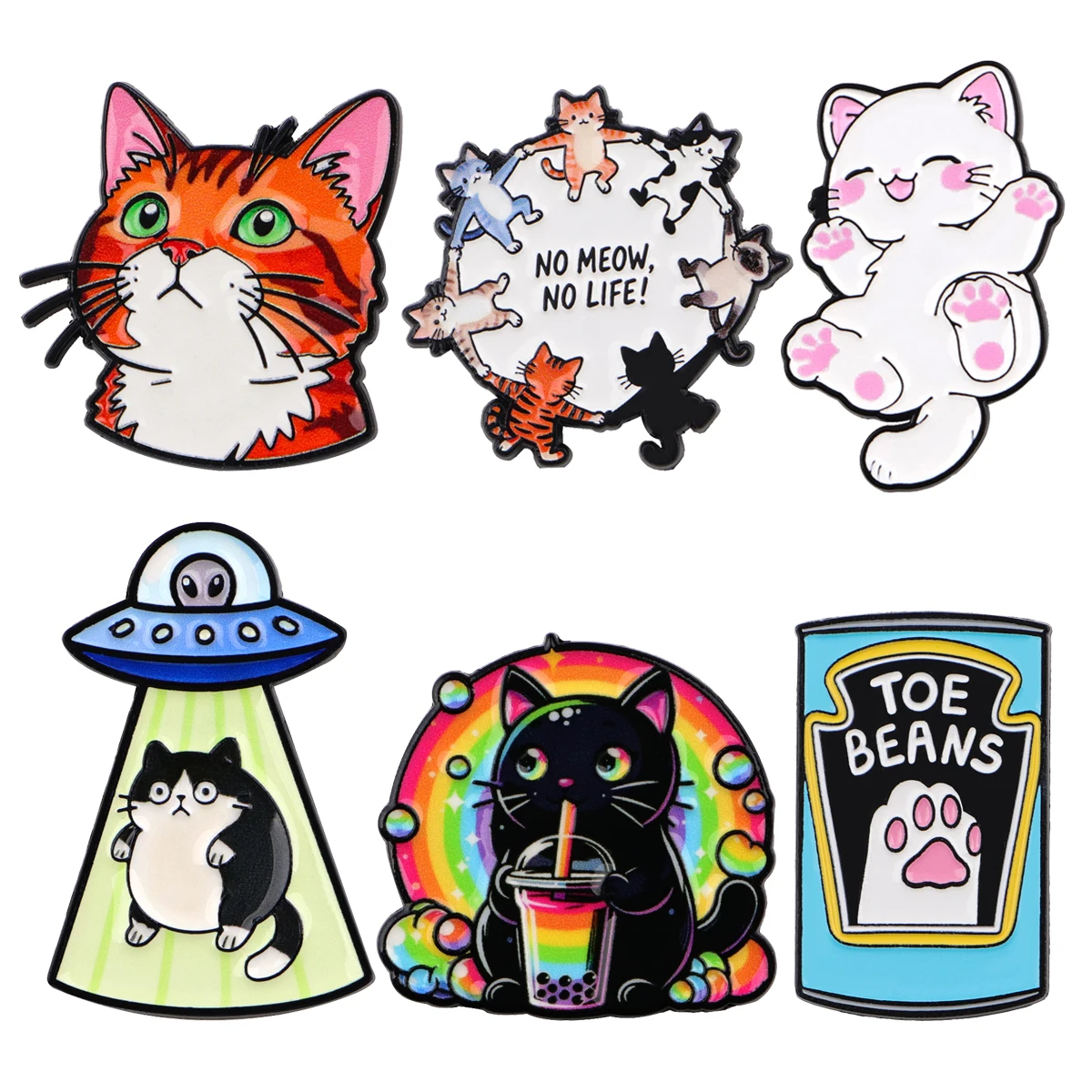 Mix 6pcs/set Cat Series Enamel Pin UFO Brooches For Women Lapel Pins Badge on Backpack Cloths Accessories Fashion Jewelry Gifts