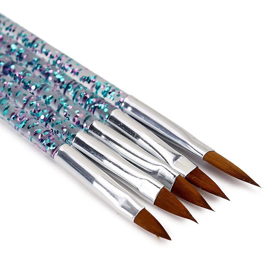 Set di strumenti per pennelli per nail art, manico in cristallo, gel UV acrilico, pittura con disegno glitterato, penne per fiori da intaglio, 5 pezzi