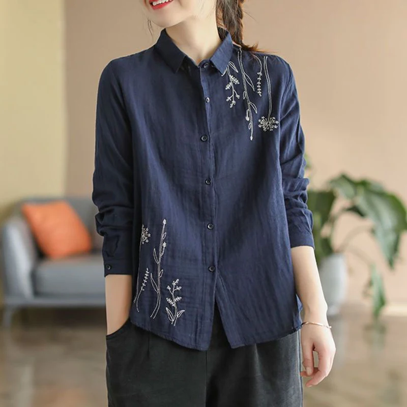 Spring Summer Polo-neck Cotton Linen Embroidery Shirt Lady Long Sleeve Casual Fashion Literary Vintage Cardigan Blouse Top Women