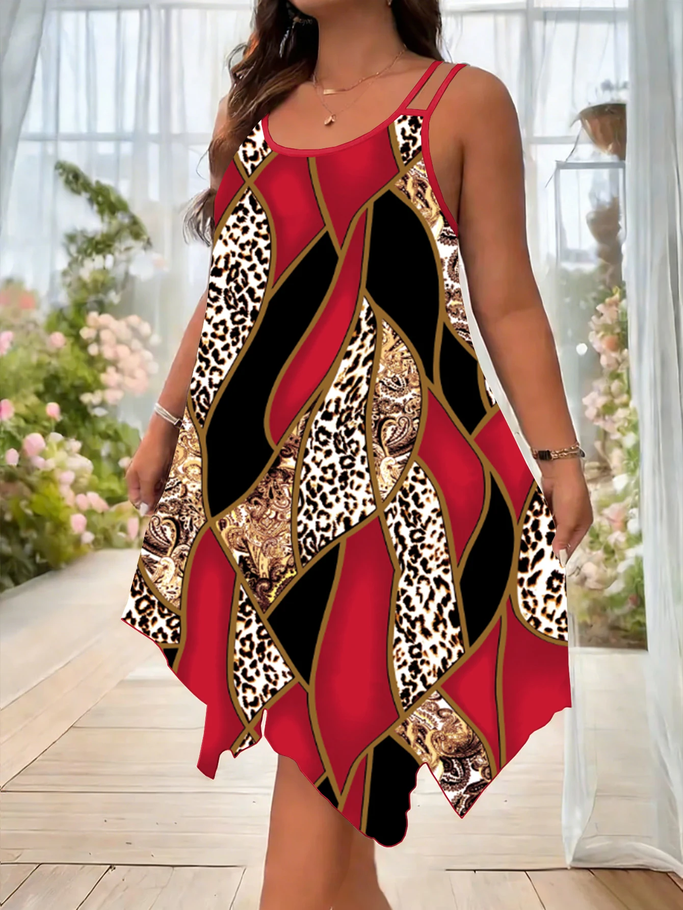 Plus size damesmode asymmetrische geometrisch gestreepte jurk met dubbele bandjes