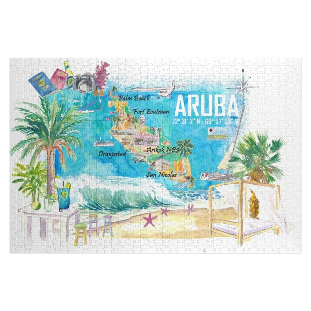 

Иллюстрированная туристическая карта Остров Карибского моря Aruba Dutch Antilles с туристическими бликами Пазл