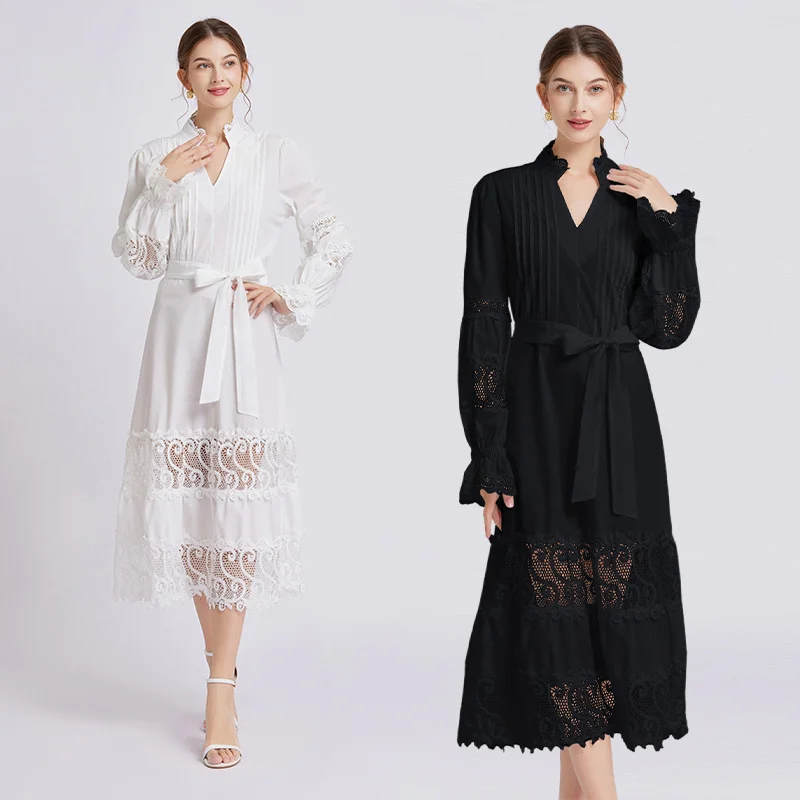 

Solid Color Long Dress Fashion Standing Neck Long Sleeve Waist Cut Out Lace Dress XC50890888