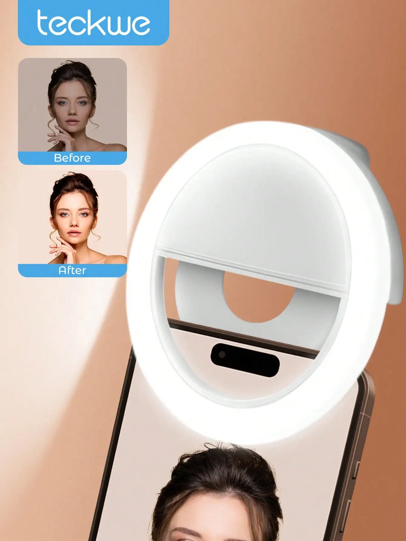 Teckwe selfie anel luz recarregável portátil clip-on selfie luz de preenchimento 4 níveis de ajuste para fotografia de telefone inteligente