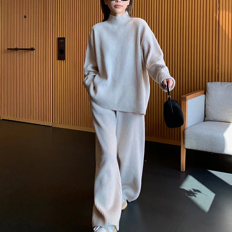 Women Kintted Pant Sets Autumn Winter Mock Neck Two Piece Sets Sweaters Tops Knit Wide Leg Long Pants Set Loose Matching Sets