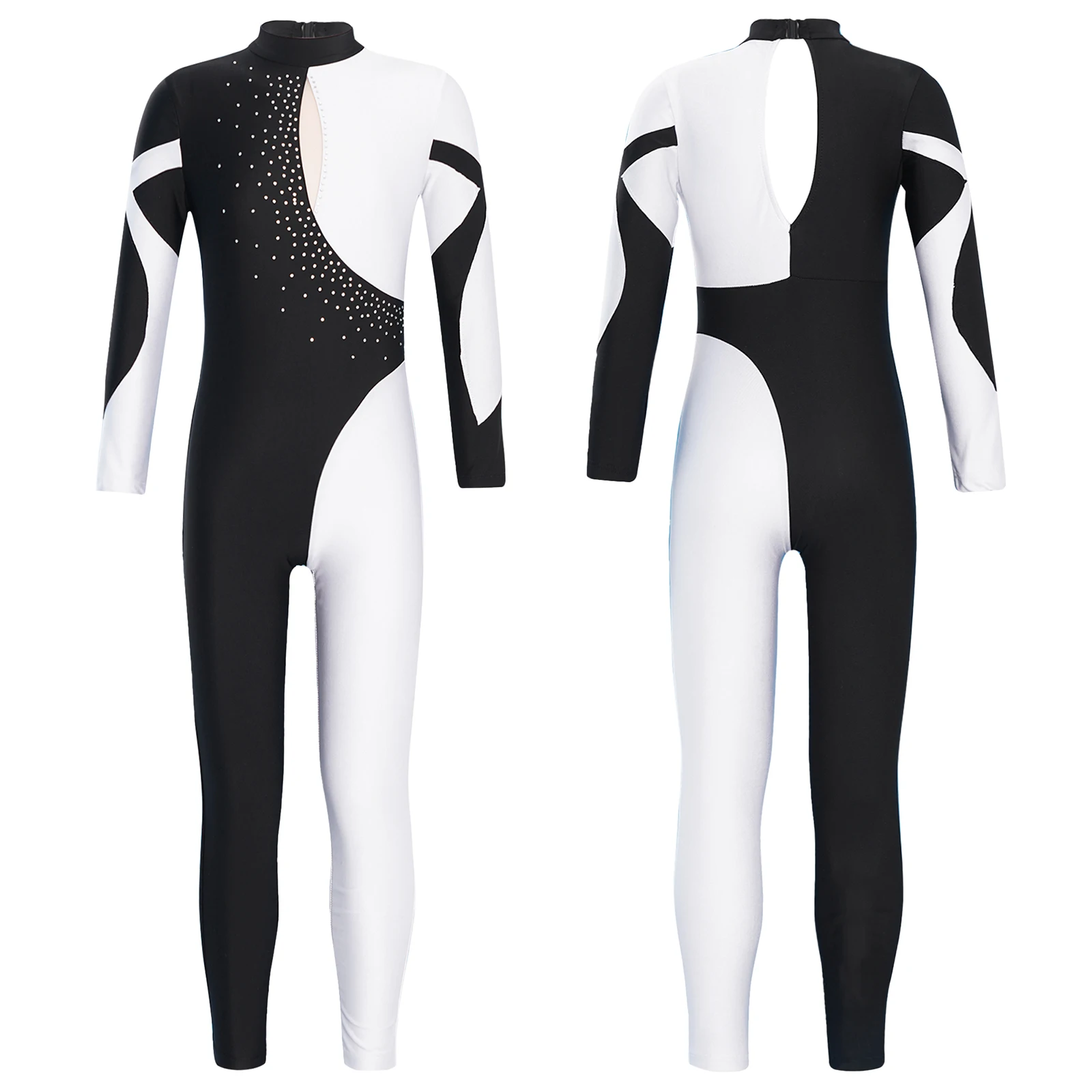 

Kids Girls Ballet Dance Jumpsuit Long Sleeve Shiny Rhinestone Contrast Color Splice Gymnastics Figure Skating Leotard Dancewear