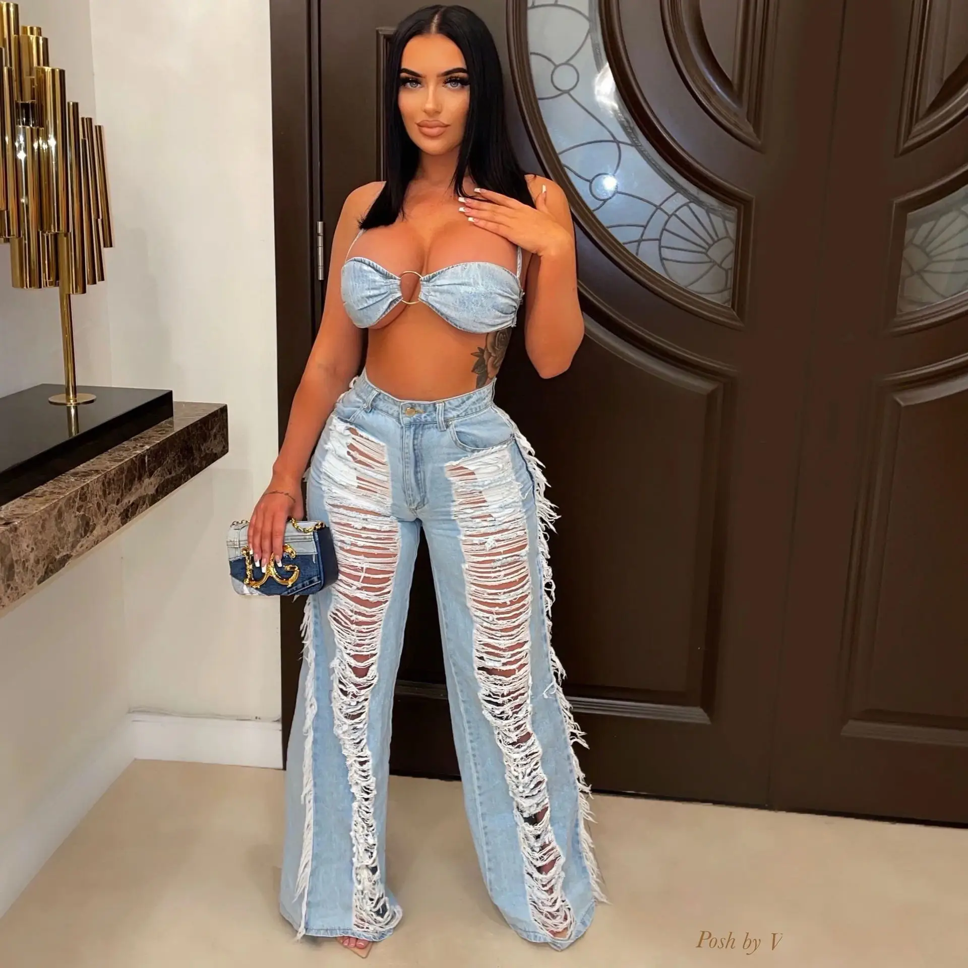 Sexy Hole Tassel Denim 2 Piece Set Women 2023 New Casual Lace Up Crop Top + Wide Leg Pants Club Outfits Streetwear Y2K Clothes