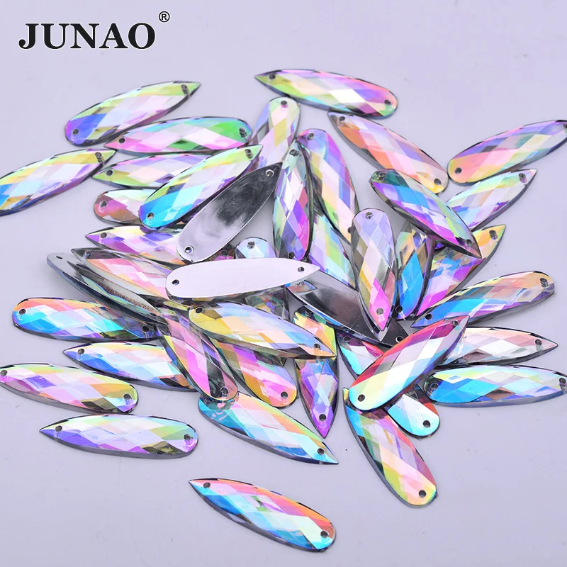 JUNAO 8*28mm 30pcs Sewing Red AB Drops Rhinestone Flatback Stones Sewn Acrylic Crystal Strass Applique for DIY Clothes Crafts