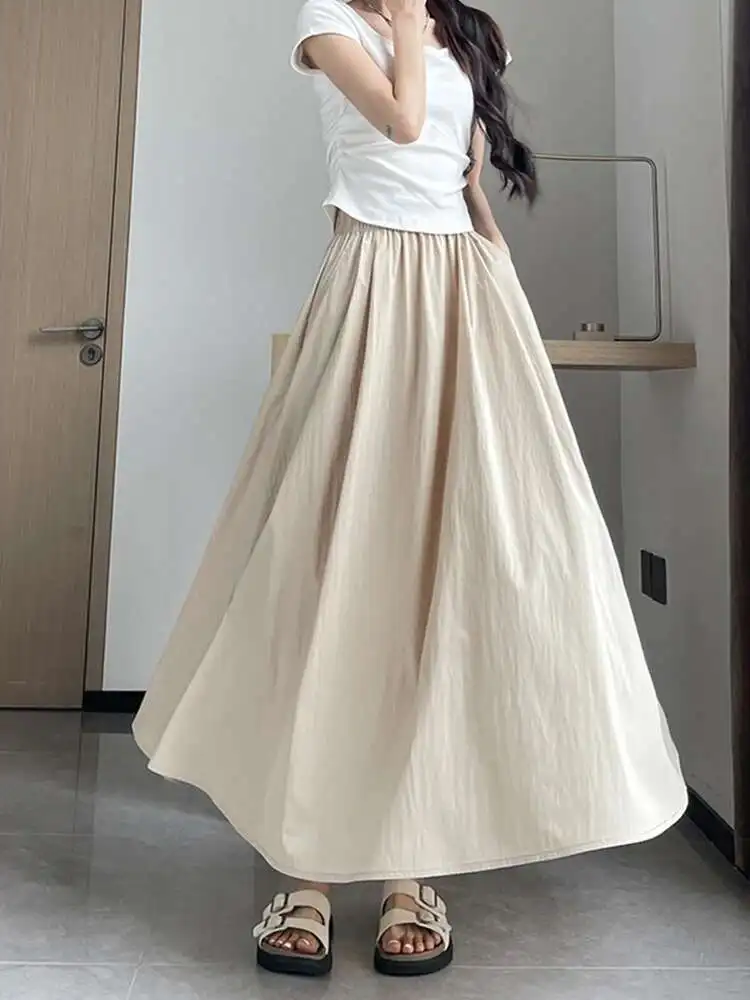 

Ice Silk A-Line Skirt Women's Summer Thin Trendy Versatile Slimming Casual Loose Long Skirt Faionable High Waist 27I6