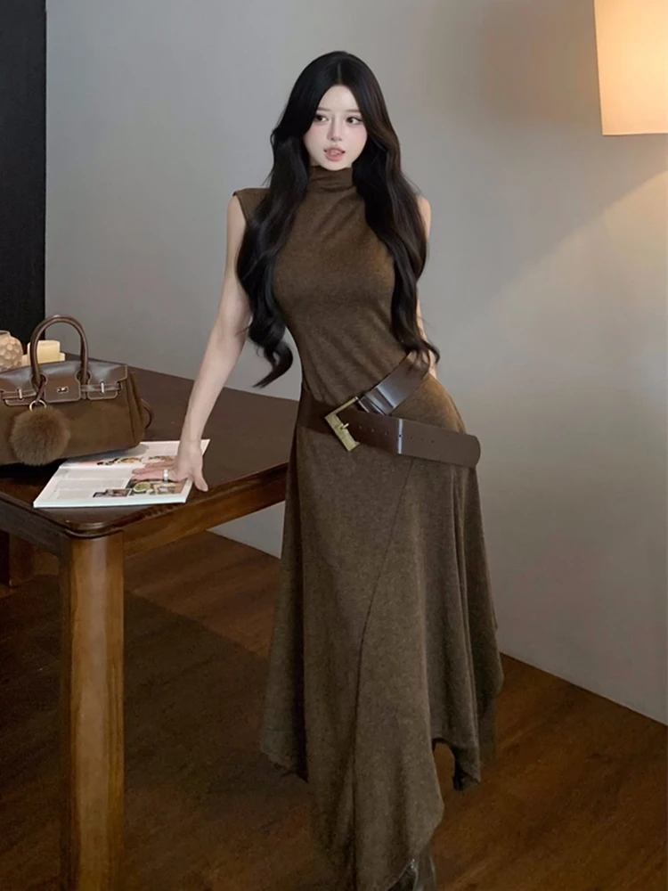 REDDACHiC Sukienka damska typu tank z nieregularnym patchworkiem, koreańska, gładka, codzienna, luźna, z golfem, midi, długa, z falbanami, modna odzież jesienna