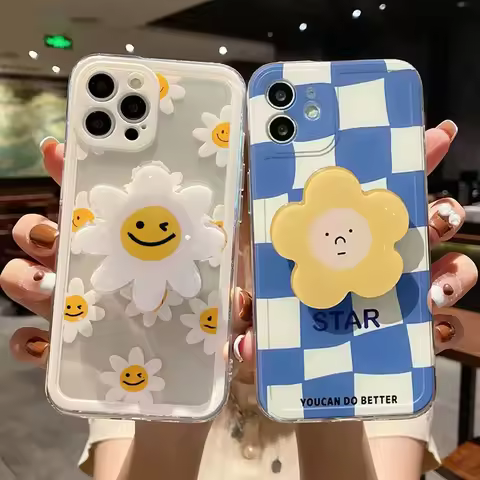 INS Smile Daisy Flowers Holder Phone Case For Samsung Galaxy S25 S24 S23 S22 Ultra Plus S23FE S24FE A55 A35 A15 A16 A56 Cover