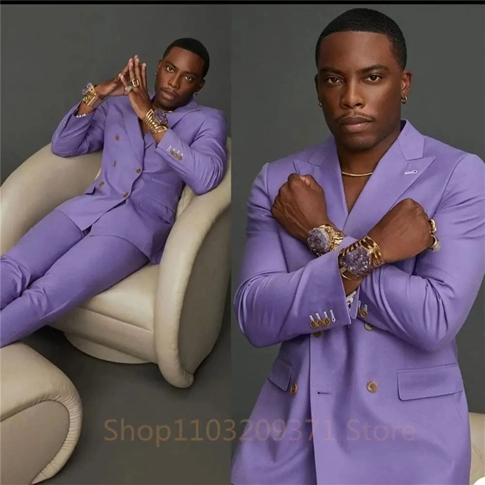 New in Men Suits for Wedding Double Breasted Purple 2 Pieces Jacket + Pants Slim Fit Men Blazer Sets Clothing Groomsmen Suits