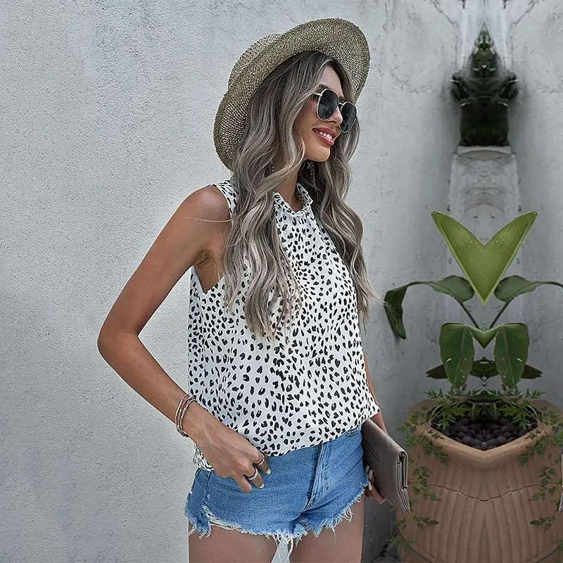 Damska letnia kamizelka Neline, nowa, krzyżowana, w panterkę, okrągły dekolt, top, odzież wierzchnia, kamizelka damska, materiał poliestrowy.