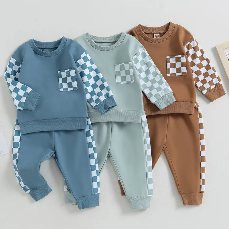 

Children's Top and Bottom Sets Boy Spring Autumn Checkerboard Patchwork Long Sleeve Sweatshirts and Elastic Waist Pants