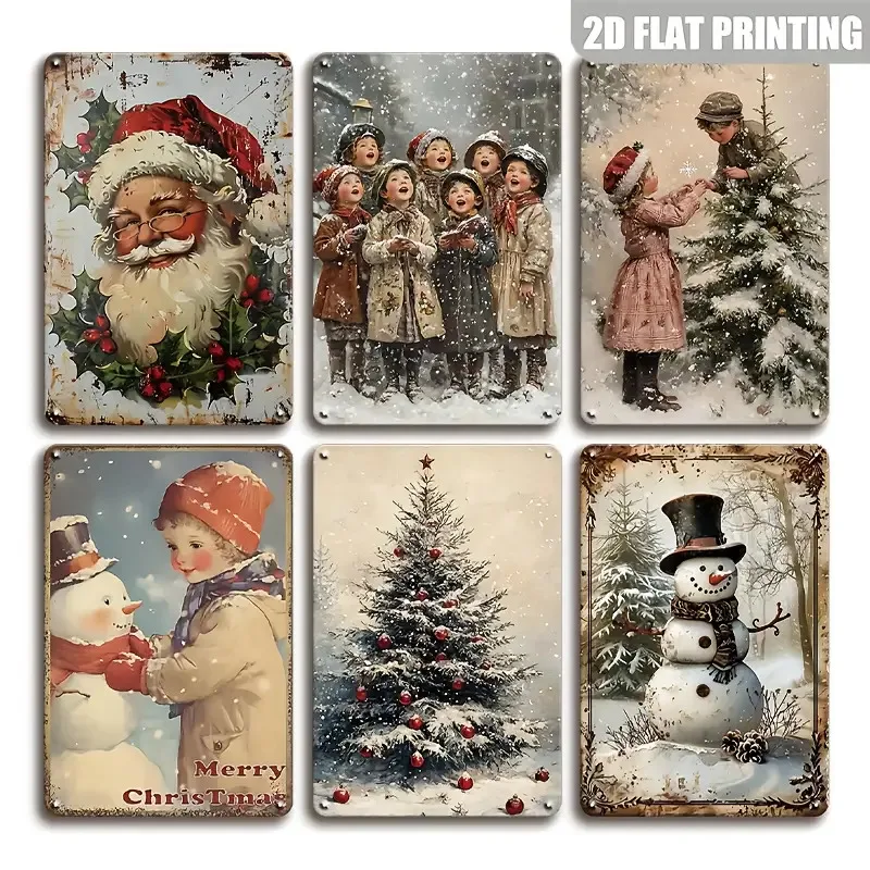 2D Flat - Set of 6 Vintage Metal Signs Featuring Christmas Themes Like Santa And Snowmen, Perfect for Decorating Your Home, Cafe