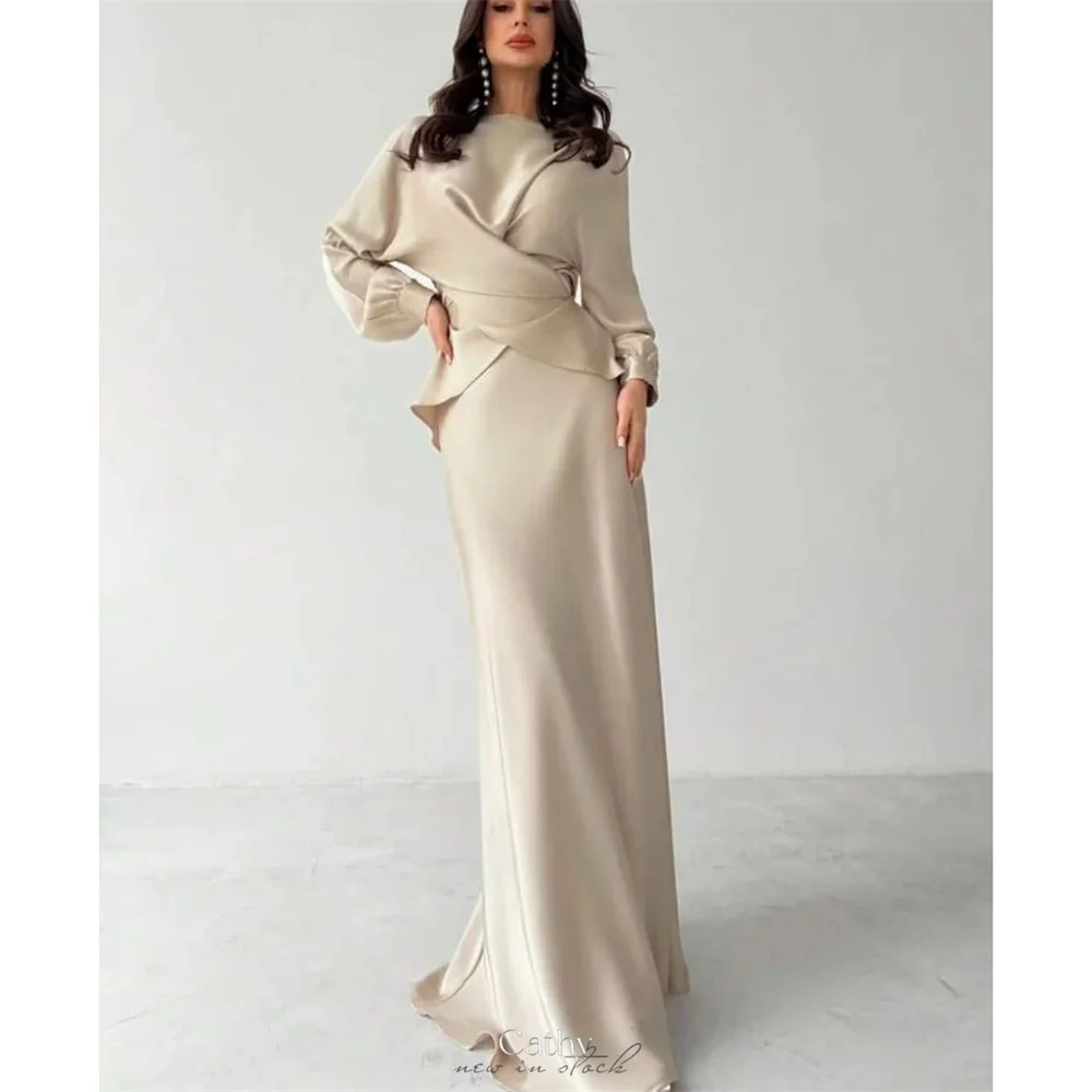 

Cathy Customized Beige O-Neck Waist Cinching Prom Dresses Long Sleeve Mermaid vestidos de noiva Floor-Length Formal Evening 2025