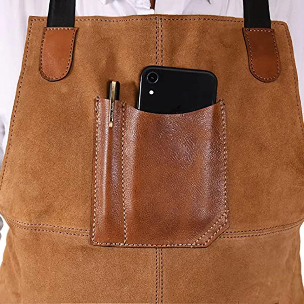Comfortable doublesided velvet work apron with adjustable straps multiple pockets and PU leather contrast color 1pcs