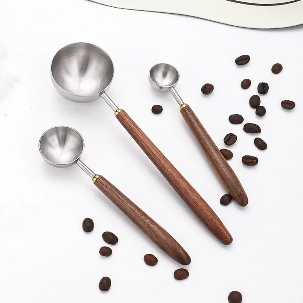 Walnut Handle Coffee Bean Measuring Spoons 3/8/23ML Long Handle Coffee Scoop 304 Stainless Steel Coffee Powder Measuring Spoon