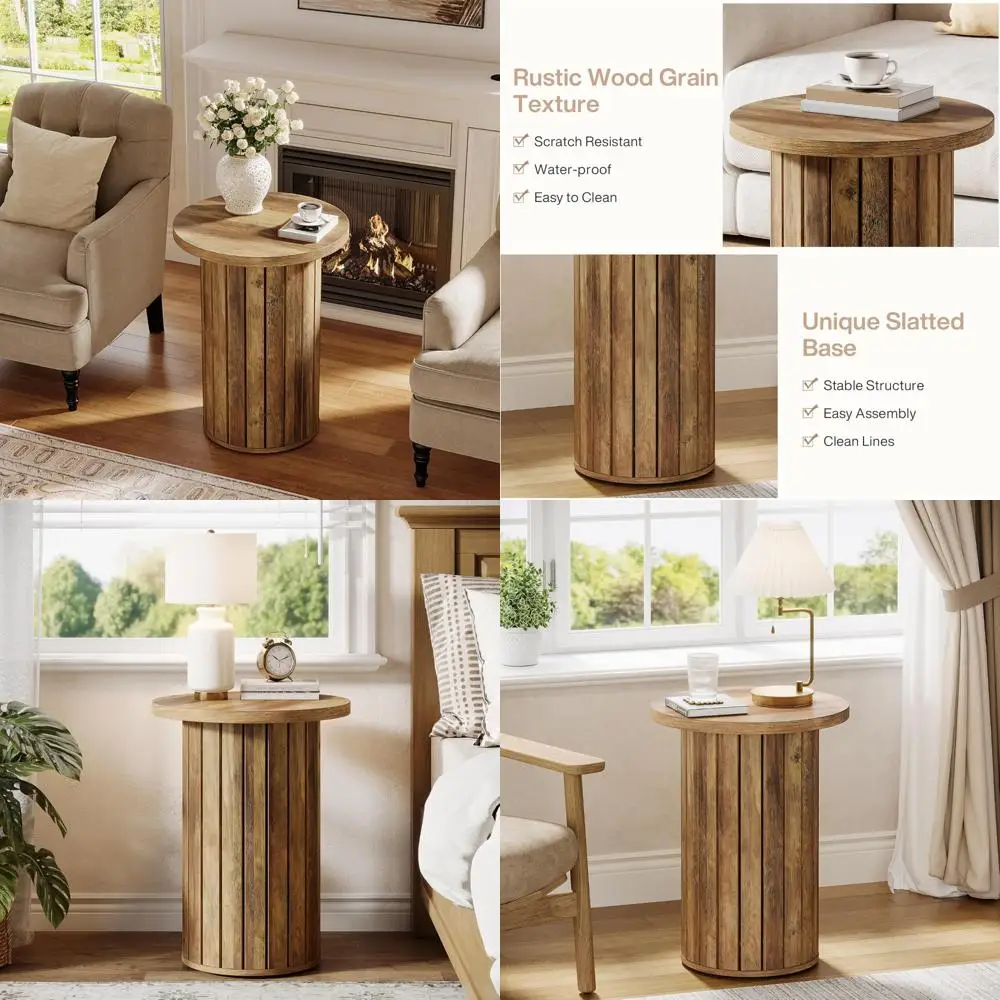 

Farmhouse Style Round Wooden Side Table for Living Room, Bedroom, or Hallway - Small Fluted Accent Table with Vintage Charm