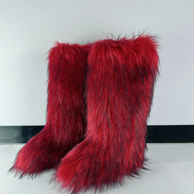 IPPUEM الركبة عالية الفراء المنغولية الأحذية للنساء الشتاء حجم كبير 46 2025 جديد كعب مسطح الثلوج أحذية طويلة أفخم الأحذية