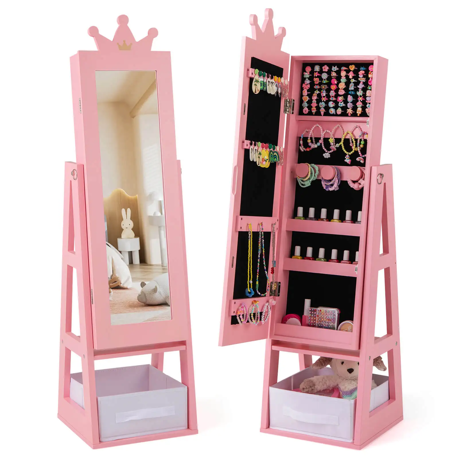 

Kids Jewelry Cabinet w/ Full-Length Mirror Foldable Drawer Anti-toppling System