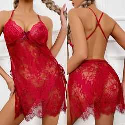 Erotic Hot Women Open Underwear Floral Nightgown Sheer Pajamas Pants Set With Thong Fashion Sex Clothing Big Size Home Sleepwear