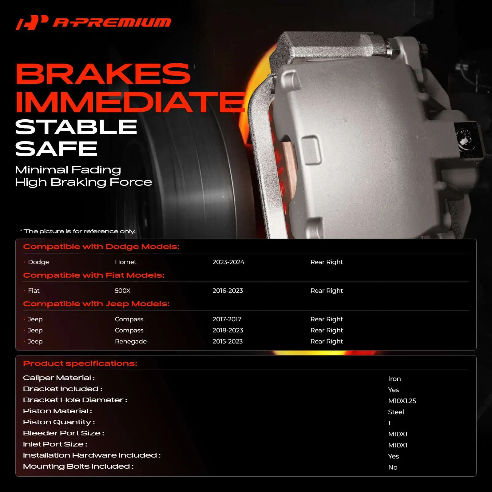 A-Premium Rear Right Passenger Side Brake Caliper with Bracket for Jeep Compass 2017-2023 Renegade 2015-2023 Fiat 500X 2016-2023