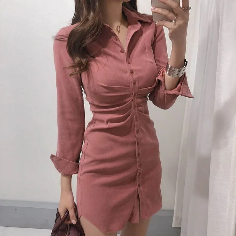 Slim OL Retro All-match Temperament Pink Lapel Single Breasted Wrap Hip Dress Mini  High Waist Solid Vestido Mujer Shirts