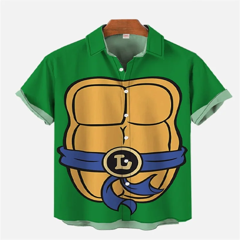 

Green Turtle Men's Cartoon Clothing Short Sleeve Shirt Red and Blue Splicing Dreamy Miner Clothing Black and White Striped Sewin