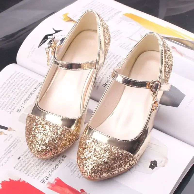 Kids Princess Party School Shoes High Heels Gold Silver Elegant Children Girls Dress Leather Shoes New Fashion Sequins Design