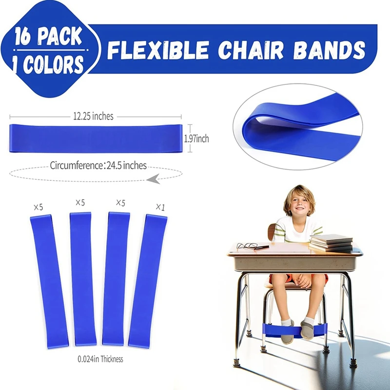 16 Pack Chair Bands For Kids With Fidgety Feet, ADHD Tools For Kids, Improve Focus Chair Bands,Blue