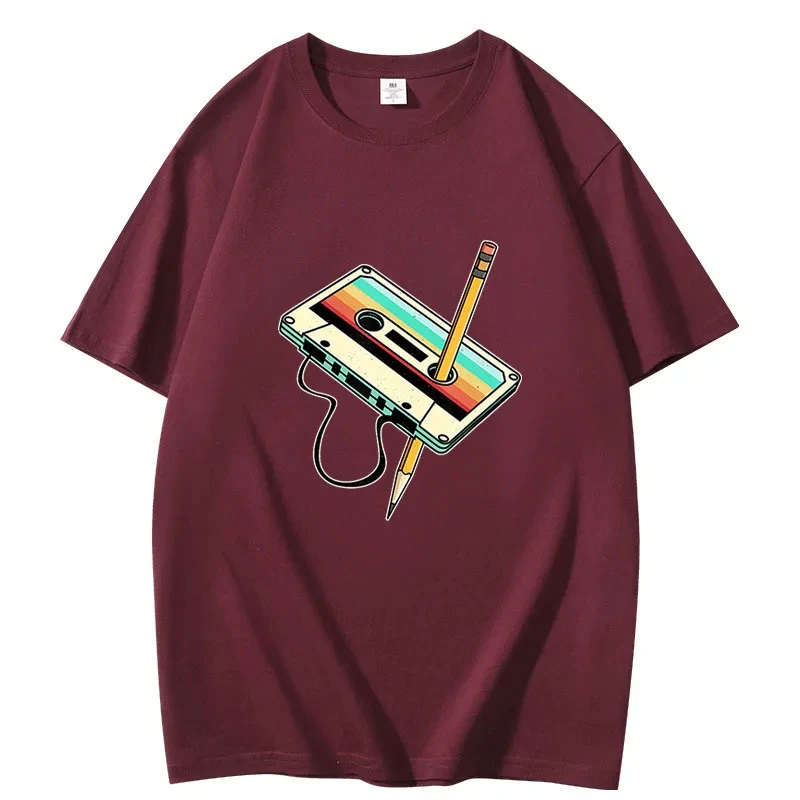 Retro 1980s Tape Pencil Graphic Fashion Summer Short Sleeve 3D Printed Men Women T-shirts Casual O Neck Oversized Pullovers Tees