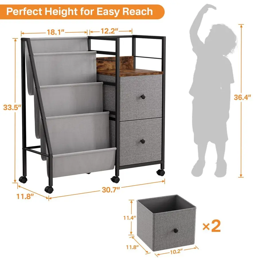 رف لغرف الأطفال، رف كتب للأطفال الصغار مع مساحة تخزين للأطفال لغرفة الأطفال وغرفة النوم وغرفة اللعب، سهلة التجميع باللون الأسود