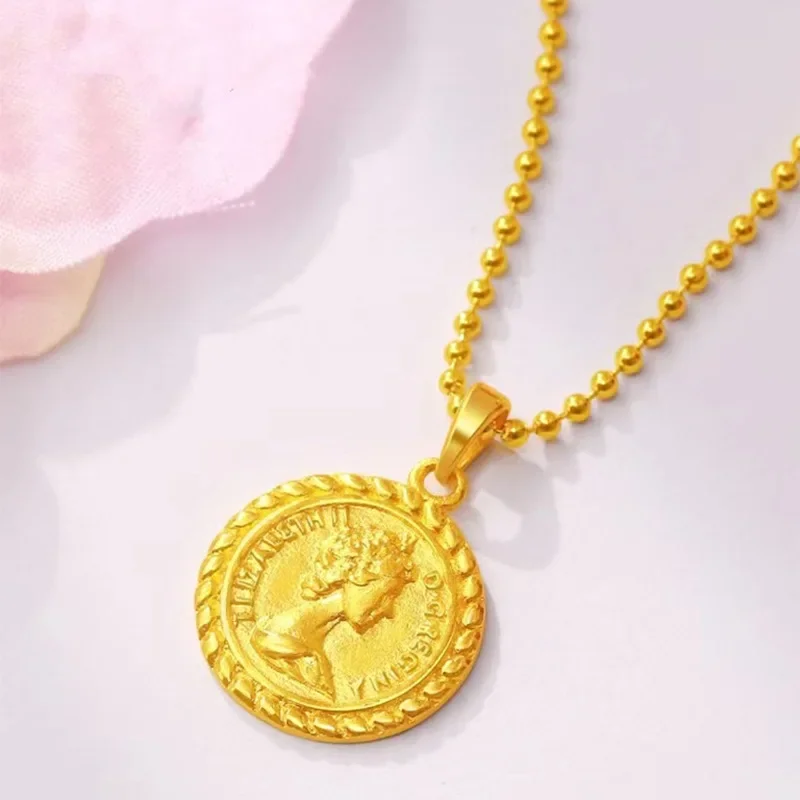 9999 ouro real 24K ouro amarelo feminino colar rainha dupla face com contas redondas