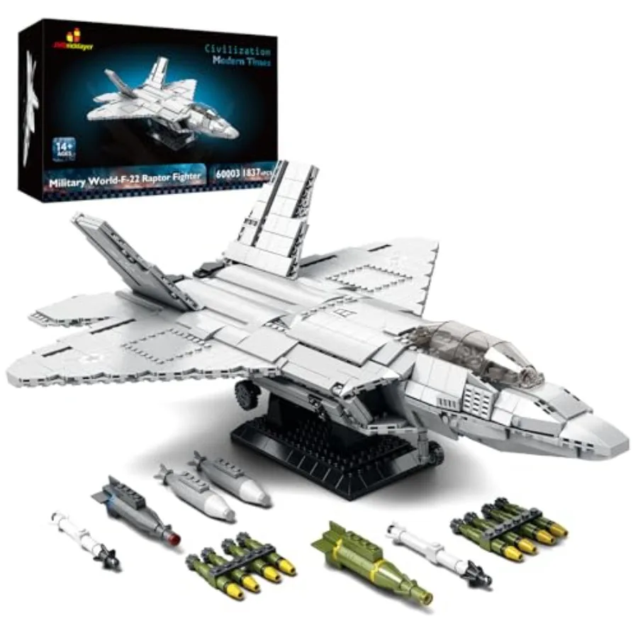 Military airplane toy for kids 14+ and adults: F-22 Raptor fighter jet building block set, ABS plastic, gray camouflage, ultra-