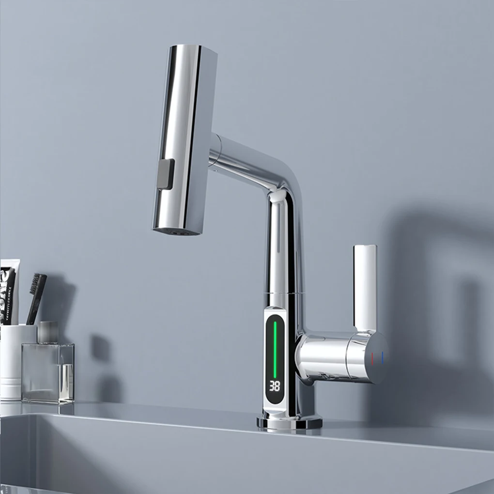 

Zinc Alloy Pull-Out Basin Faucet Easy Installation & 3 Water Flow Modes Liftable And 360° Rotation For Bathroom