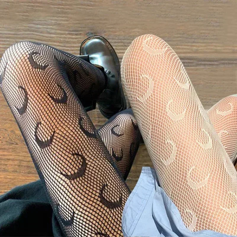 Heart Flower Mesh Japanese Girl Lolita Ins Tights Stockings White Fishnet Pantyhose Female for Women Summer Legging Stocking