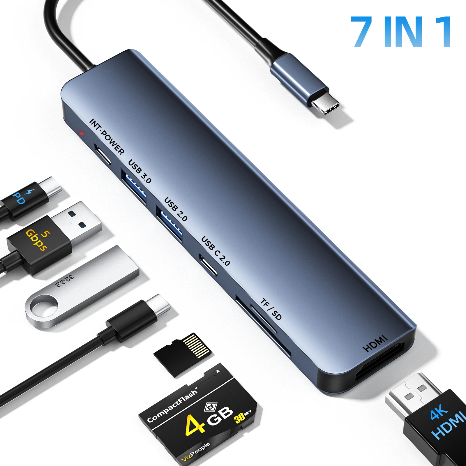 

5Gbps USB 3.0 Hub,7 Port USB A/USB C Splitter, 4K HDMI Adapter with TF/SD Card Reader, for PC,Laptop,Switch, PS5, Multi-Port Spl