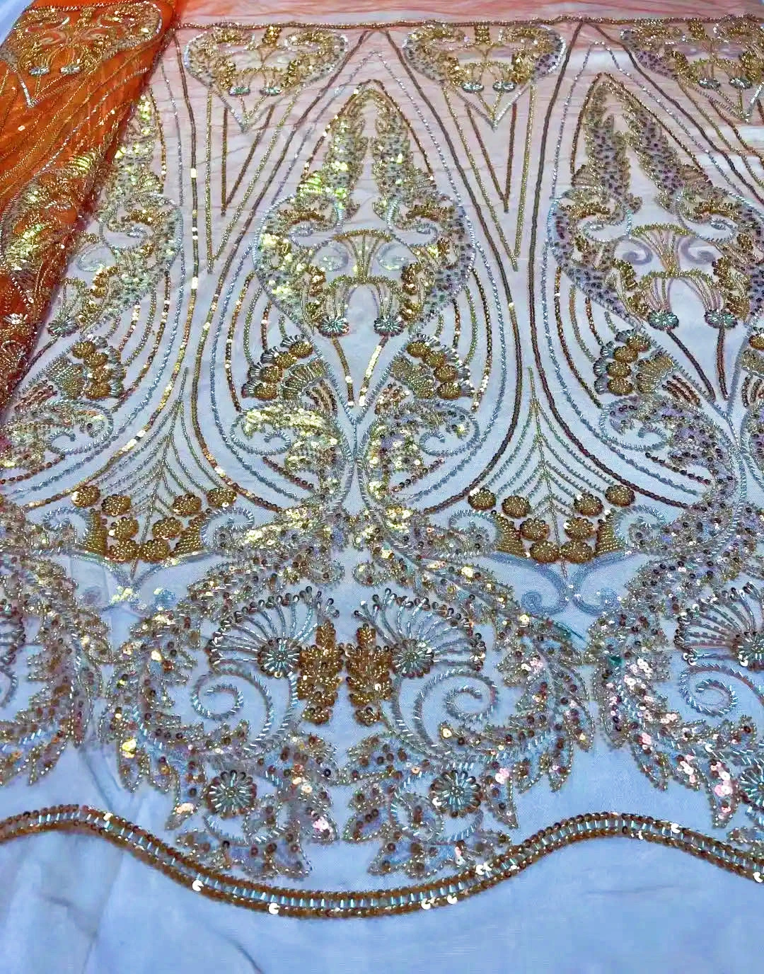 Lantejoula pérola tubo tecido bordado, tecido de malha africano, vestidos de casamento noiva, lantejoula branca, alta qualidade, série 5 jarda, 2024