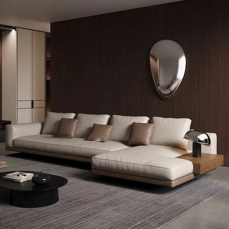 

W27- leather sofa living room straight minimalist large flat layer first layer cowhide chaise corner suspended sofa