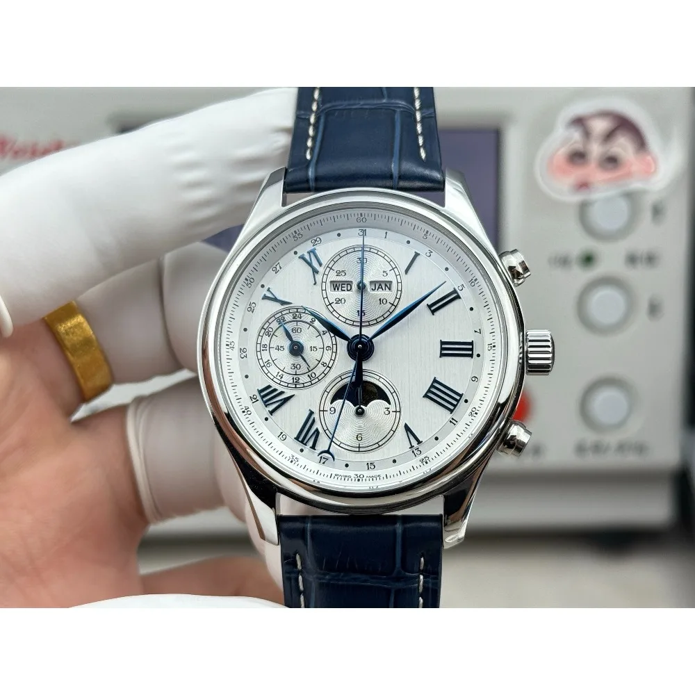 

Новые элегантные мужские часы 2026 года с серебряным циферблатом и индикатором фаз Луны, подходящие для различных случаев