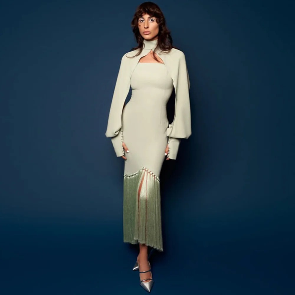 

Simple Jersey Strapless Long Sleeves Prom Dresses Buttons Tassel Mermaid Customized Evening Dresses Formal Occasion Gowns