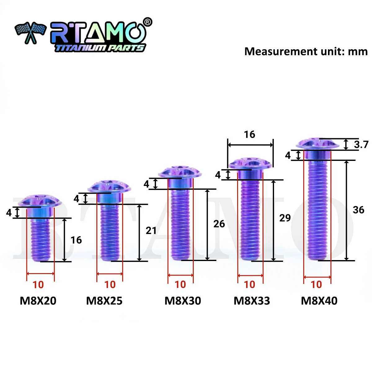 RTAMO Gr5 Titanium Brake Disc Bolts M8X20/25/30/33/40 Foot Pedal Screws MTB Road Bike Motorcycle Modification Ti Bolts