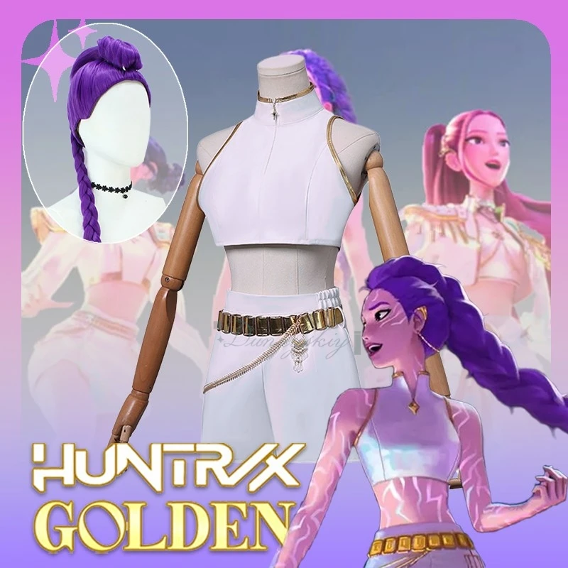 

Kpop Demon Hunter Косплей Костюм Парик Huntrix Rumi Белый Костюм Корейская Волна Суперзвезда Идол Наборы Для Выступлений Хэллоуин Золотой