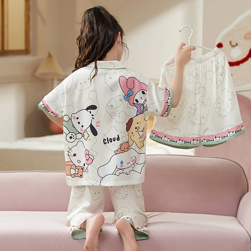 MINISO Sanrio Kinderpyjama Lente/Zomer/Herfst Dunne Loungewear Kuromi Driedelige set Korte mouwen Meisjes Vakantiecadeaus