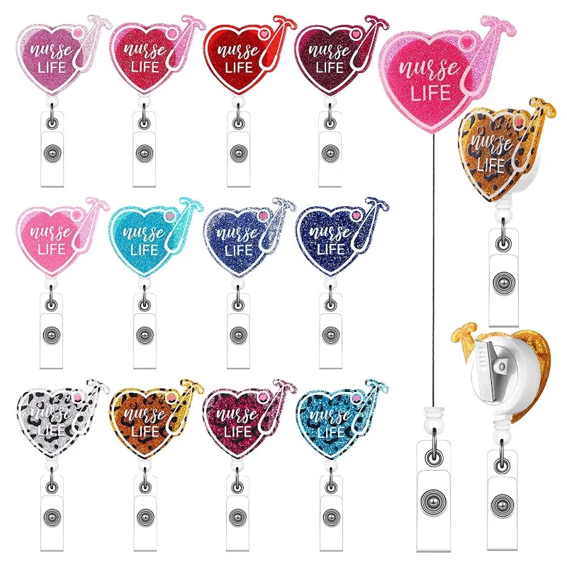 Fashion Cute Badge Reel for Nurses Doctors Glitter Acrylic Heart Retractable ID Holder with Alligator Clip Medical Staff Gift