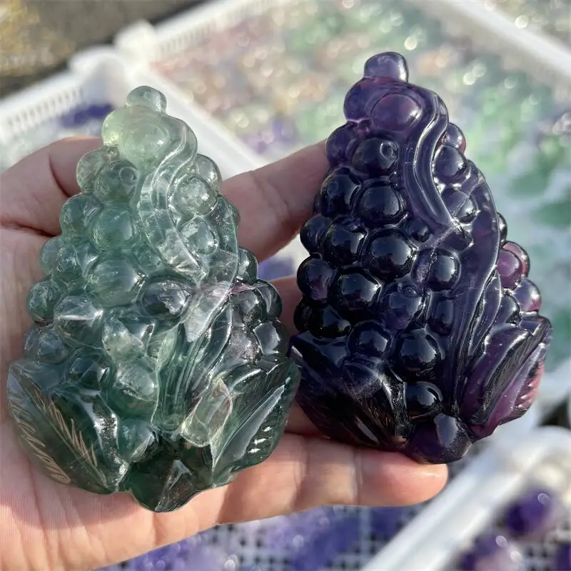 Natural Fluorite Grape Carving Reiki Healing Fengshui Stone DIY Crafts Room Decorate Holiday Exquisite Gift 1PCS