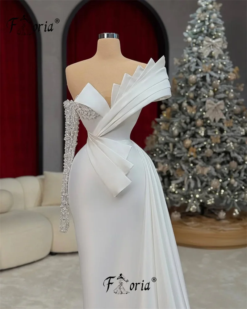 Luxury White Bead Mermaid Wedding Event Dress with Side Train Customized Elegant Pearls Dubai Formal Evening Gowns Gala Vestidos