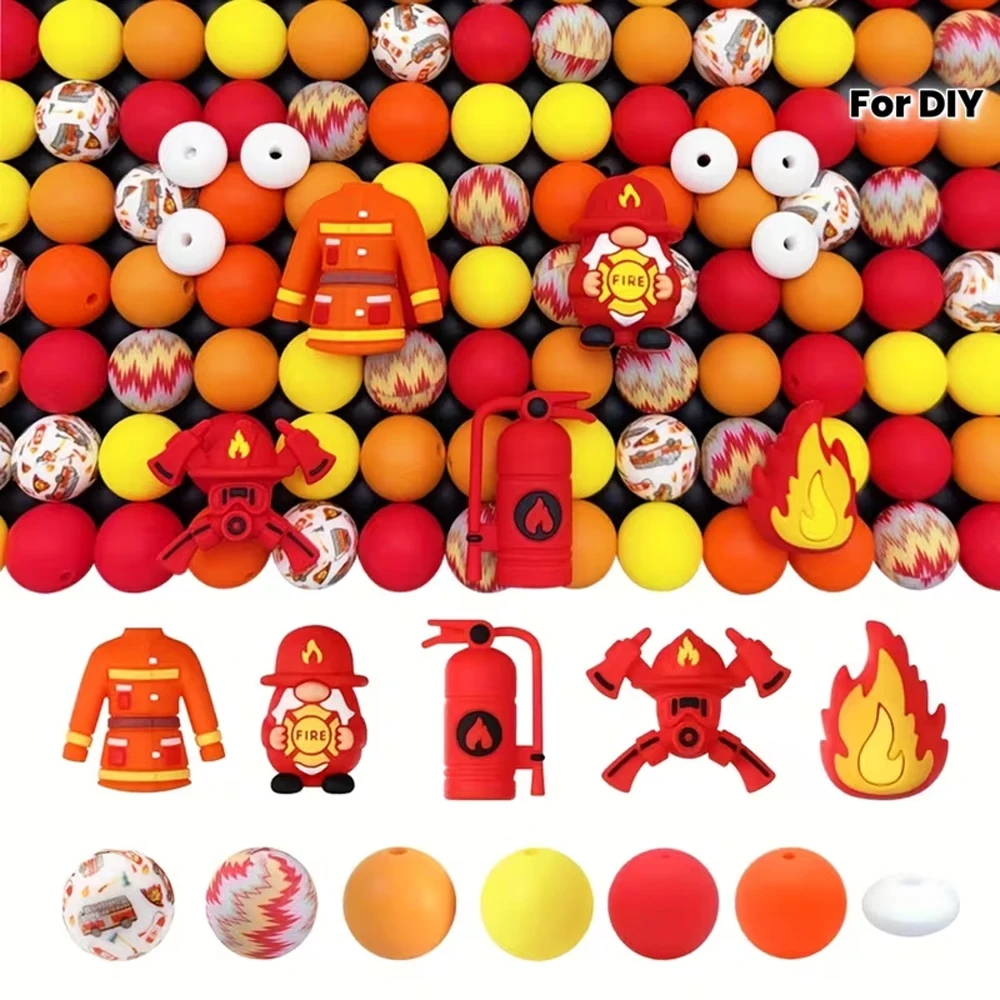 25/61PCS firefighter themed silicone bead set, perfect for DIY handmade crafts such as keychains, necklaces, bracelets, etc